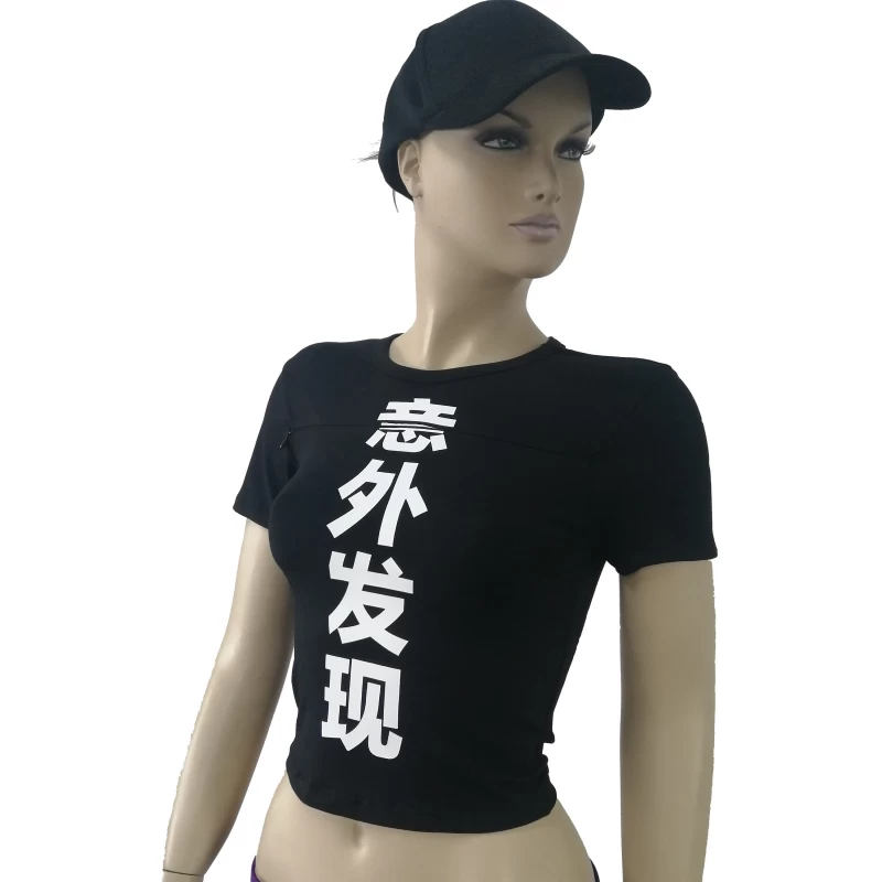 Japan Text Printed T-Shirt - Girl's Zip Split Short Sleeve Crop Tops
