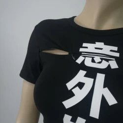 Japan Text Printed T-Shirt - Girl's Zip Split Short Sleeve Crop Tops