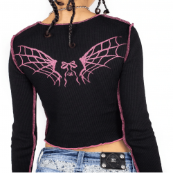 Glittered Angle Wings printed Long Sleeve Thermal Cropped Top TLS348