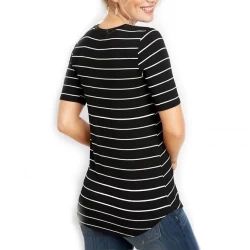 O-Neck Short Sleeve Ladies Curved Edge Long Striped T-Shirt for Women TLS189